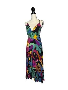 Farm Rio Maxi Dress Slip V Neck Scoop Back Mystic Jungle Floral Tropical Large